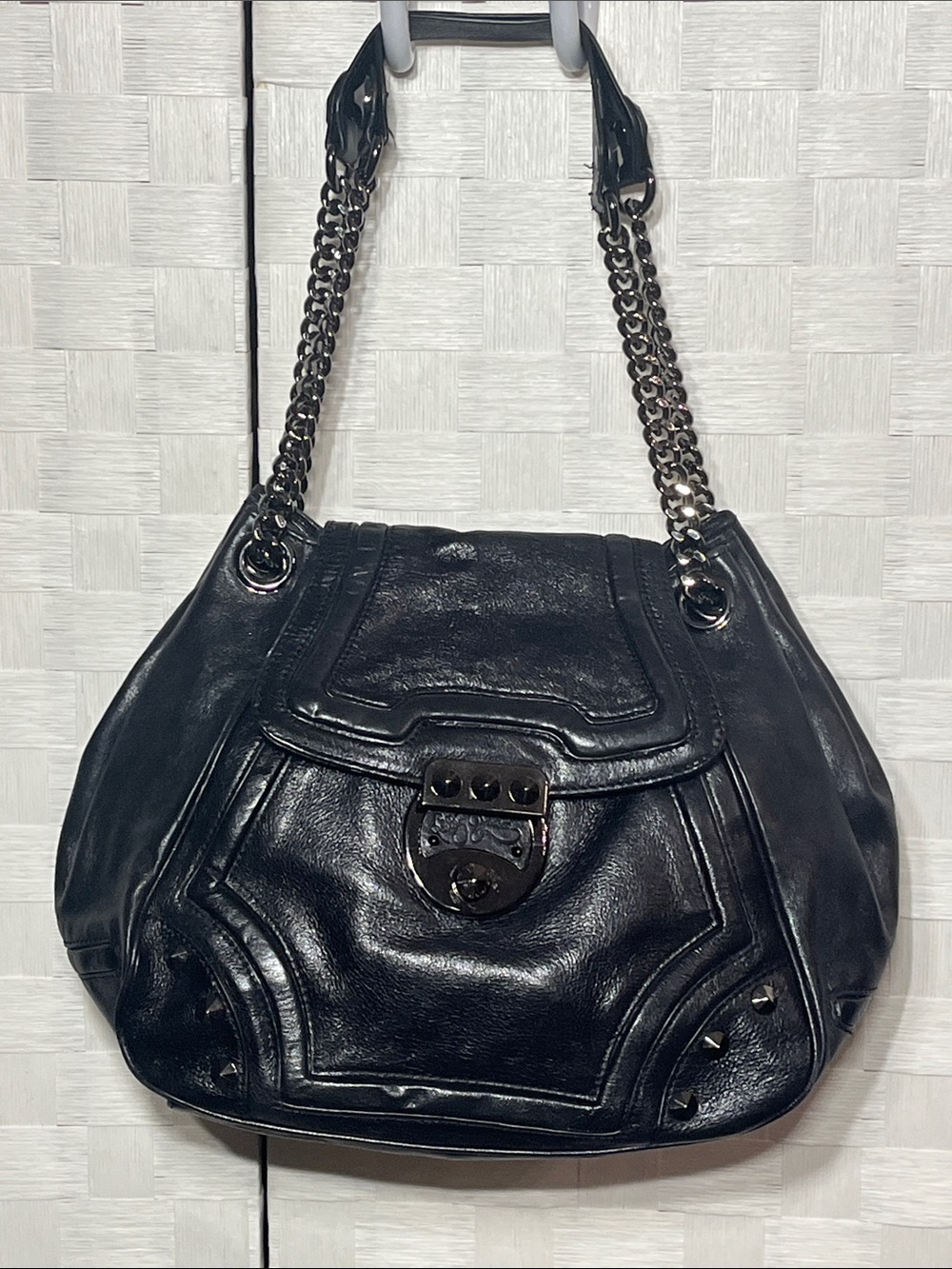 Betsey Johnson Black Leather Shoulder Bag with Gun Metal Chain Straps Beautiful